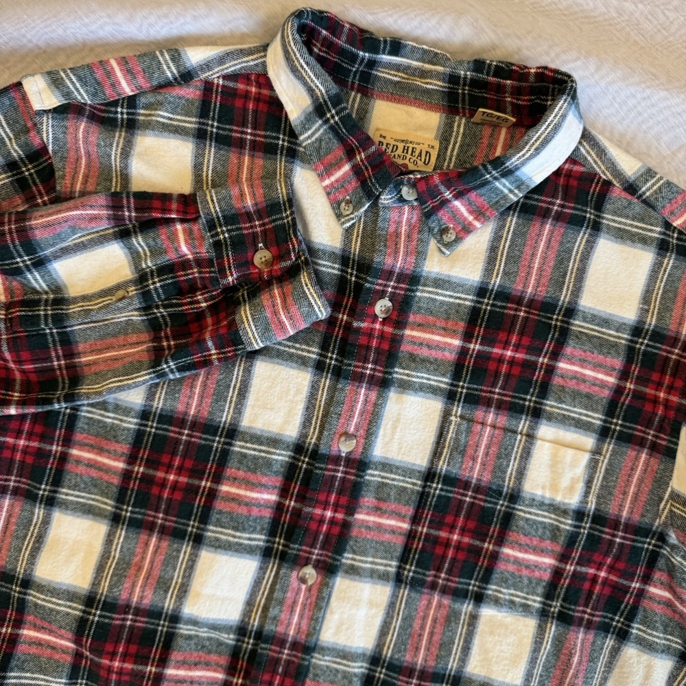 Red Head Brand Flannel Shirt Mens XL Button Up Red Green White Plaid Long Sleeve